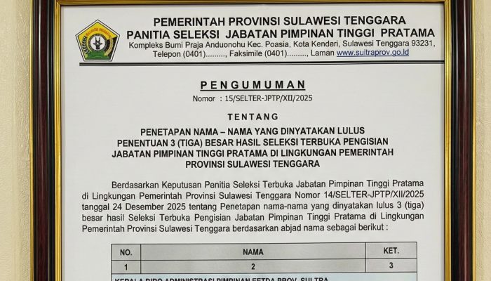 Pansel Umumkan 3 Besar Hasil Seleksi JPTP Pemprov Sultra, Berikut Nama-namanya