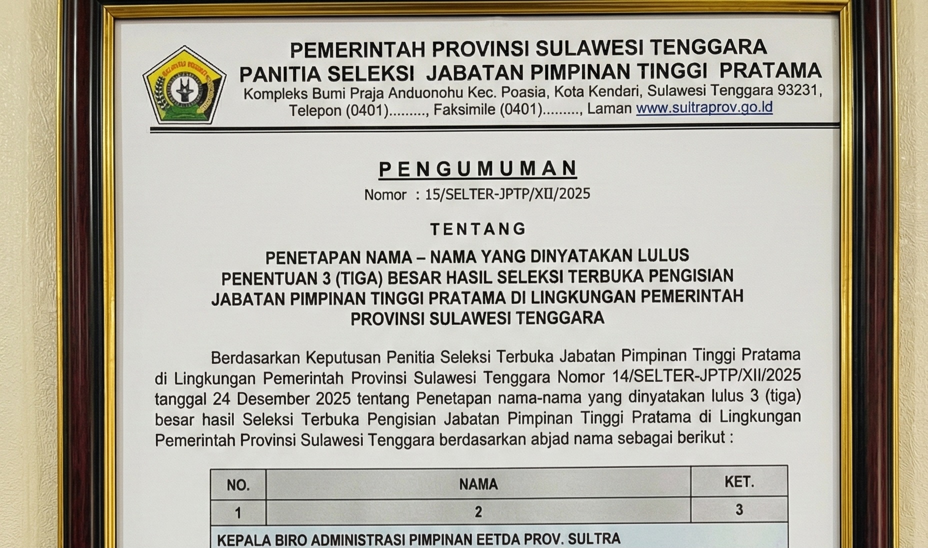 Pansel Umumkan 3 Besar Hasil Seleksi JPTP Pemprov Sultra, Berikut Nama-namanya