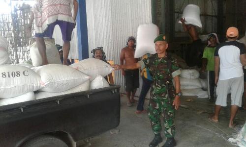 Anggota TNI Kodim Probolinggo Babinsa Ramil Koramil 0820/07 Wonomerto turut serta membantu petani mengantarkan hasil panen di Bulog. FOTO : AHMAD SUGENG LAKSONO