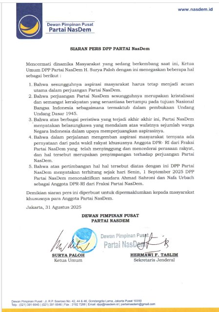 Partai NasDem Nonaktifkan Ahmad Sahroni dan Nafa Urbach sebagai Anggota DPR RI