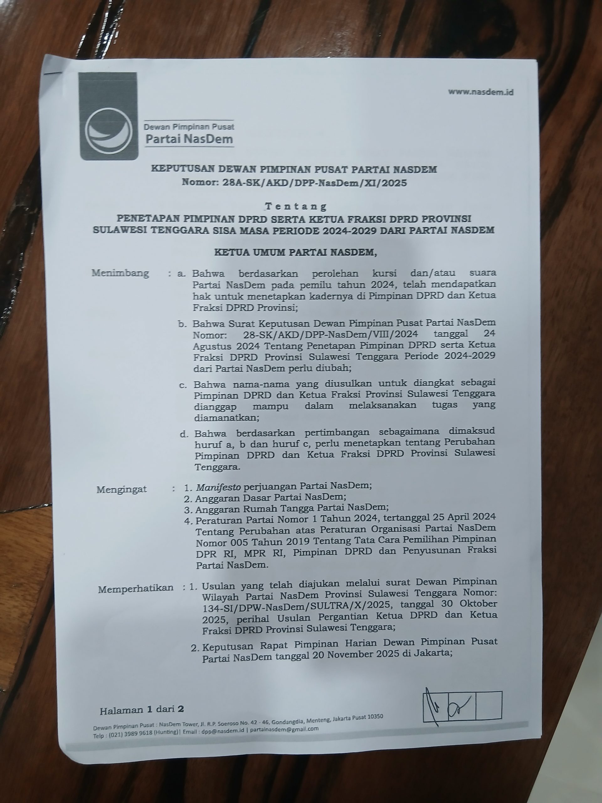 NasDem Sultra Tetapkan Ketua DPRD dan Ketua Fraksi DPRD Sultra