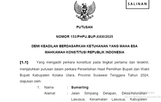 Sengketa Pilkada Kolut, Mahkamah Menyatakan Permohonan Pemohon Tidak Dapat Diterima