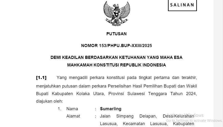 Sengketa Pilkada Kolut, Mahkamah: Menyatakan Permohonan Pemohon Tidak Dapat Diterima