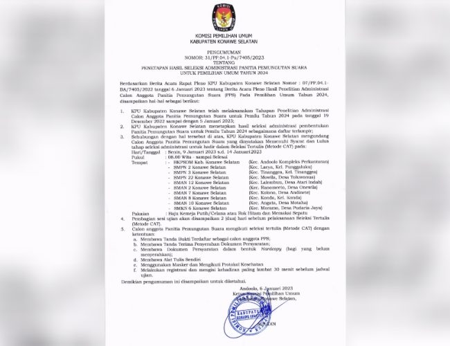 Ini Jadwal dan Lokasi Tes Tertulis Calon PPS di Konawe Selatan