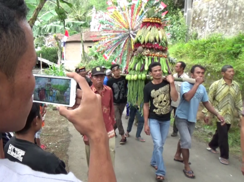 warga Desa tempur saat menggotong hasil bumi dalam rangga gelaran kirab sebagai tanda sykur kepada Tuhan Yang Yaha Esa. FOTO : DSW