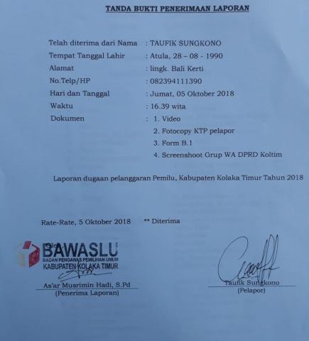 Bukti laporan Taufik Sungkono ke Bawaslu Koltim. FOTO: TIM