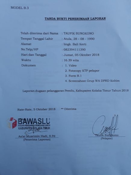 Bukti laporan Taufik Sungkono ke Bawaslu Koltim. FOTO: TIM