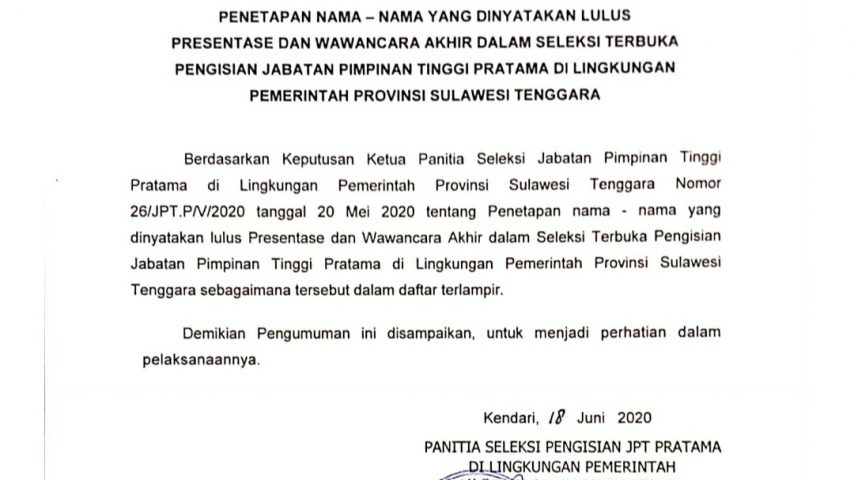 Tiga Besar 12 Calon Kepala OPD Sultra Diumumkan Sekda
