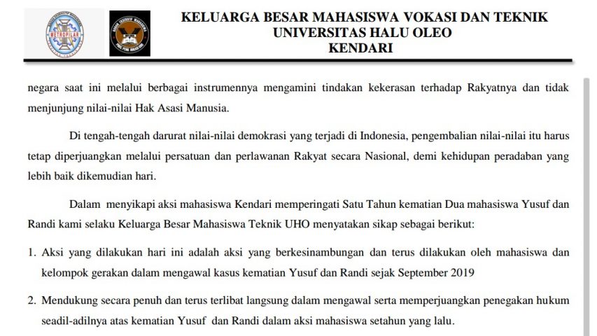 KBM Teknik UHO Kecam Tindak Represif dan Desak Copot Kapolda Sultra