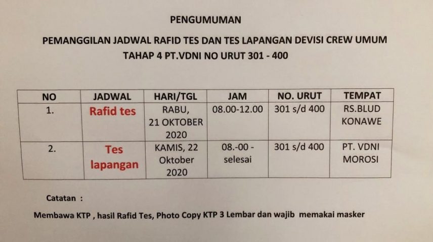 Jadwal lanjutan Rapid dan Tes Skill Divisi Crew Umum Tahap Empat PT VDNI