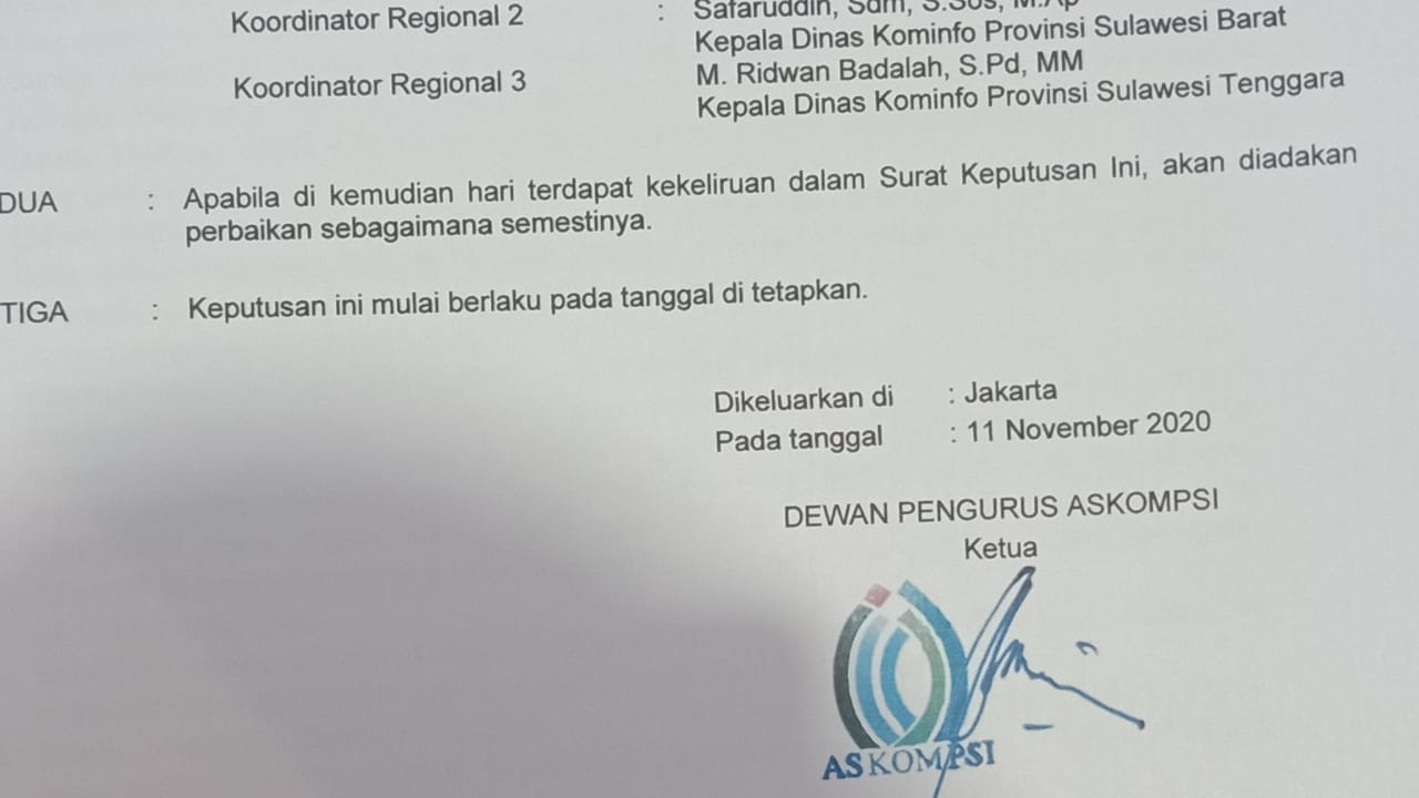 Berita acara hasil keputusan Munaslub tentang pergantian antar waktu dewan pengurus Askompsi masa bakti 2019-2020