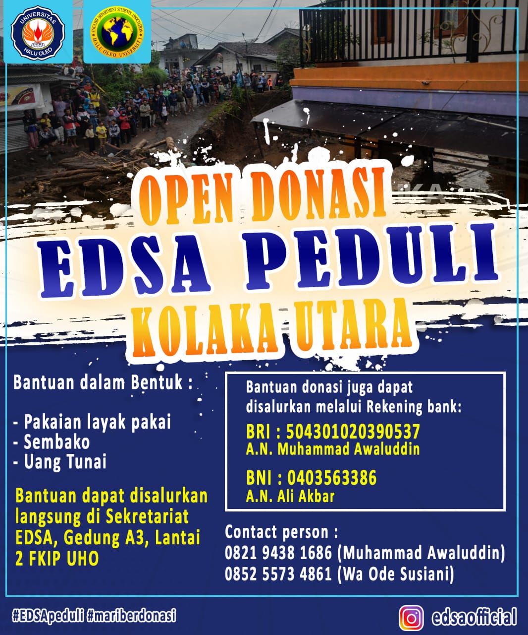 Brosur seruan untuk donasi korban banjir bandang di Kolaka Utara