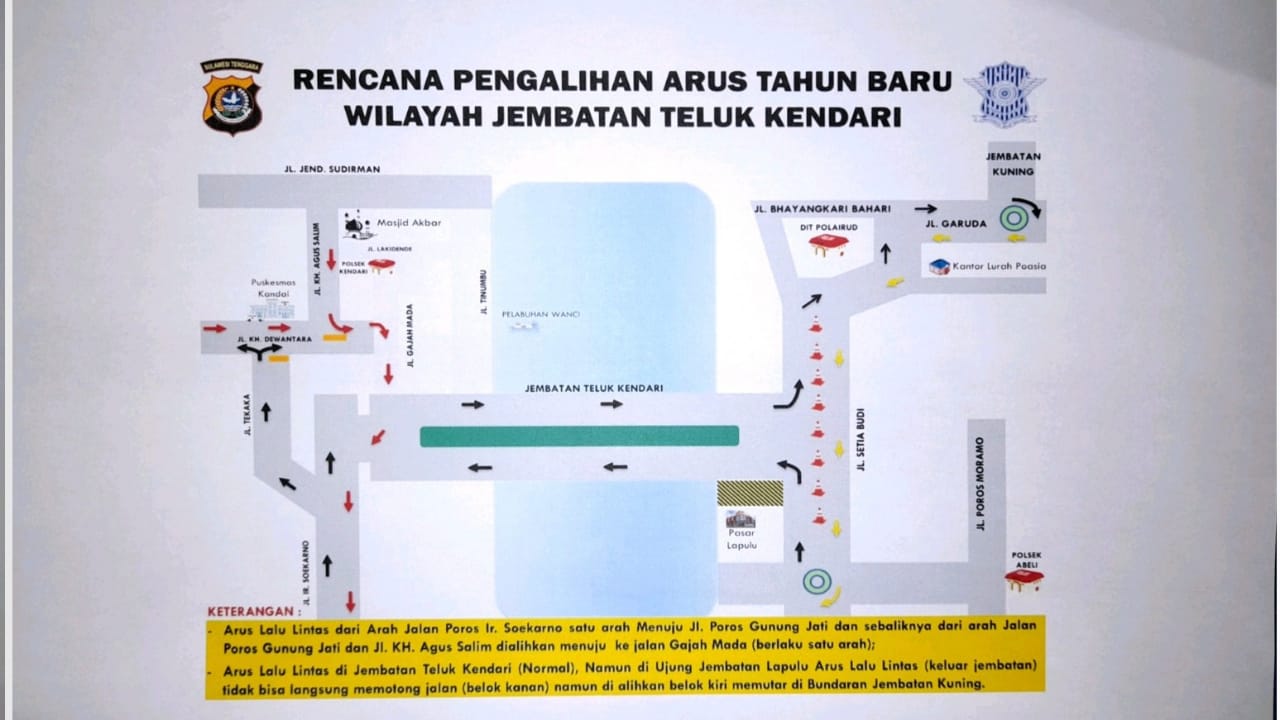 Sket gambar pengamanan rencana pengalihan arus tahun baru wilayah Jembatan Teluk Kendari