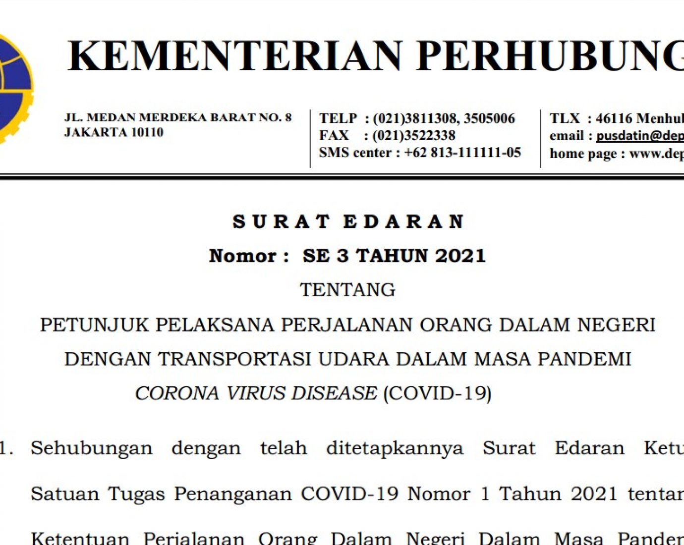 Kemenhub RI Terbitkan Surat Edaran Petunjuk Pengguna Tranportasi Udara