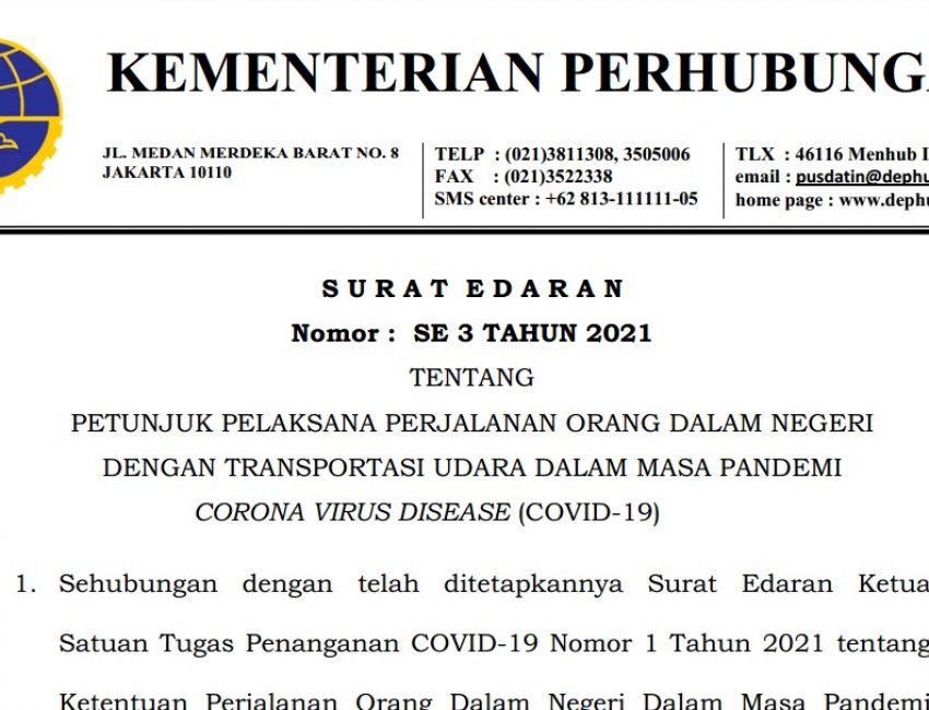Kemenhub RI Terbitkan Surat Edaran Petunjuk Pengguna Tranportasi Udara