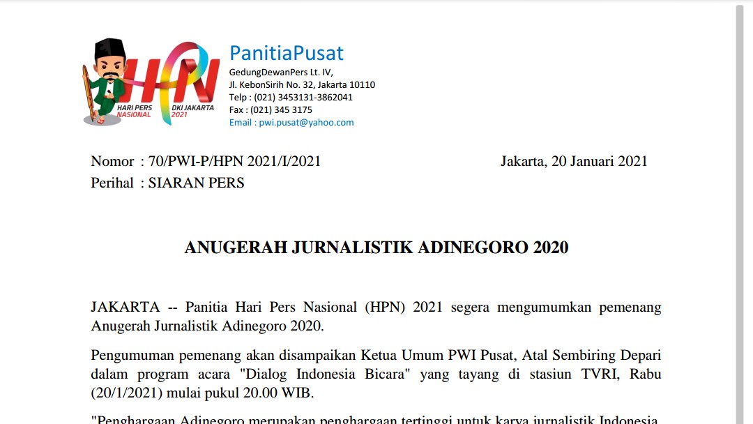 Siaran pers anugerah jurnalistik Adinegoro