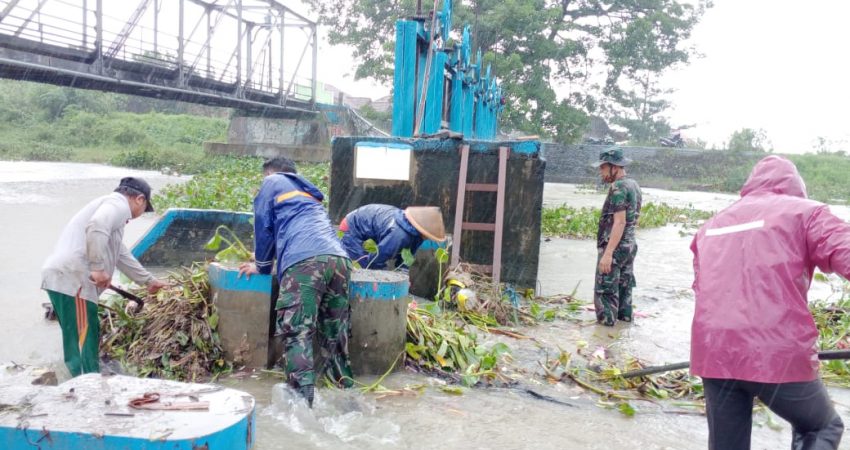 Anggota Koramil Welahan dan warga bersihkan sungai dari enceng gondok