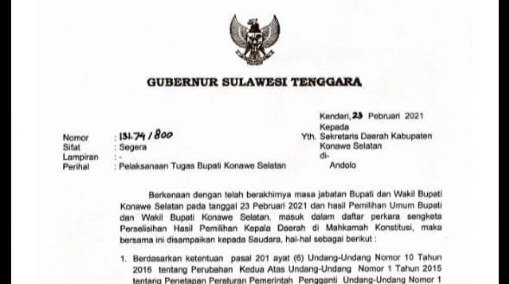 Surat Gubernur Sultra terkait pelaksanaan tugas Bupati Konsel