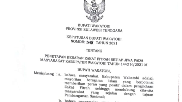 Surat keputusan Bupati Wakatobi tentang penetapan besaran zakat fitrah tahun 1442 H/2021 M