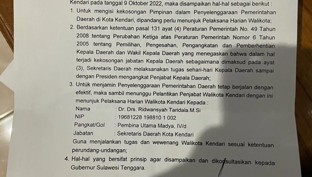 Gubernur Sultra Tunjuk Ridwansyah Taridala sebagai Plh Wali Kota Kendari