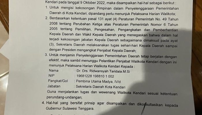 Gubernur Sultra Tunjuk Ridwansyah Taridala sebagai Plh Wali Kota Kendari