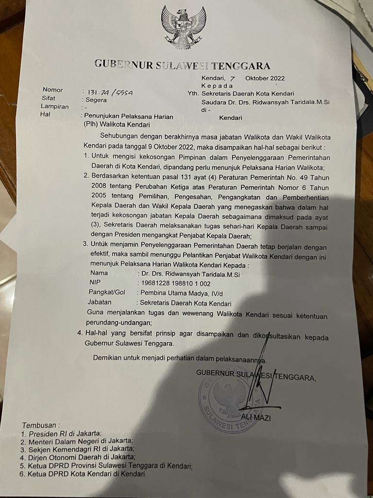 Gubernur Sultra Tunjuk Ridwansyah Taridala sebagai Plh Wali Kota Kendari