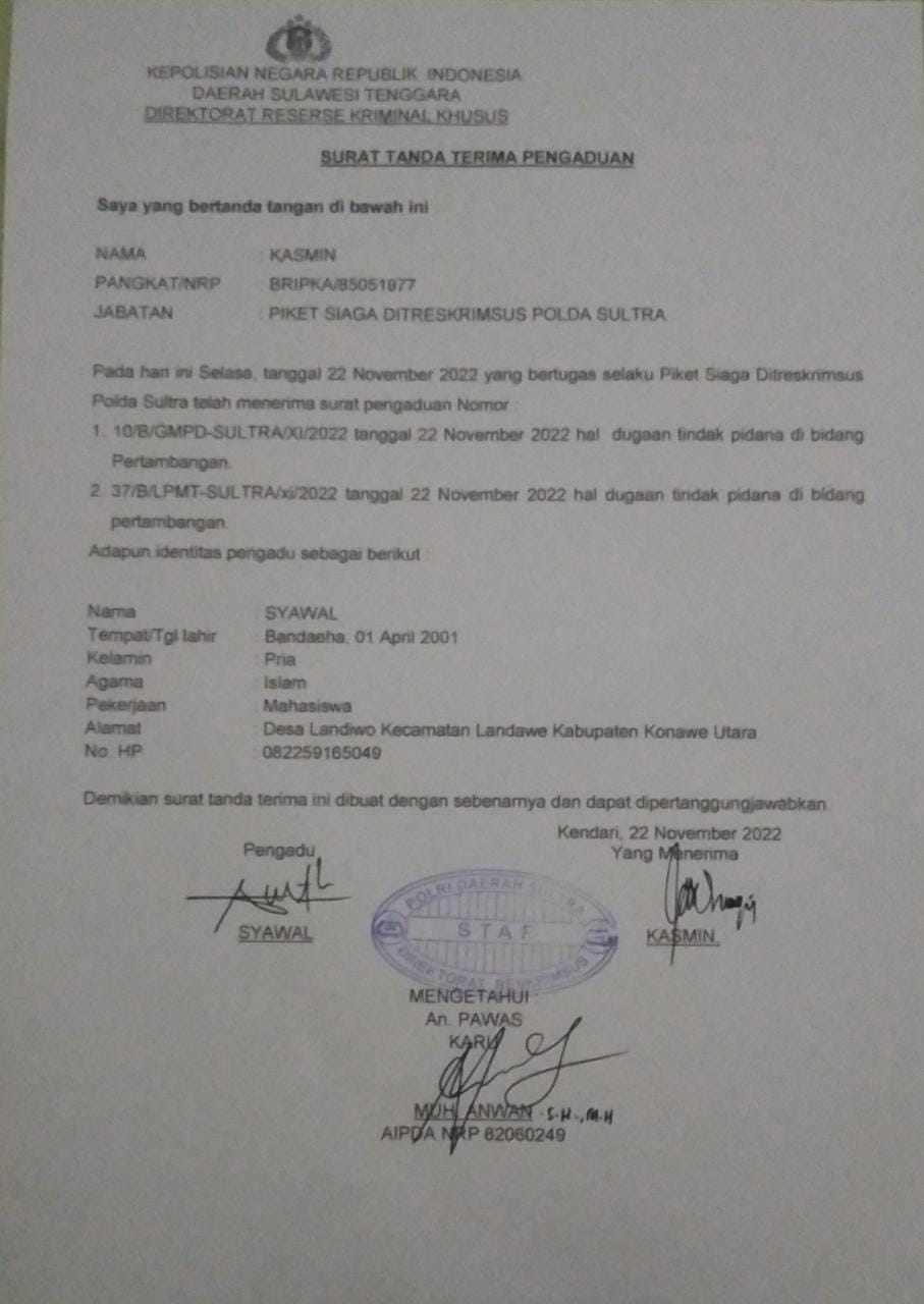 LPMT Resmi Laporkan Dua Perusahaan Tambang ke Polda Sultra