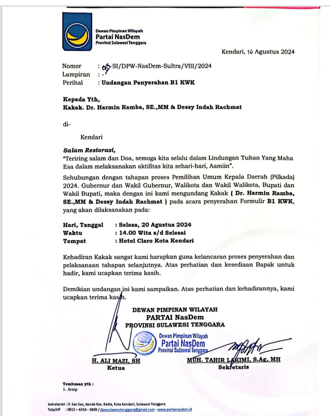 Nasdem Undang Pasangan HADIR, Muttaqin: Menyerahkan B1 KWK