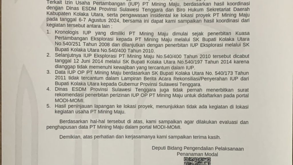 JAPEMKUM Apresiasi Langkah BKPM Untuk Menghapus Data PT Mining Maju di MODI-MOMI
