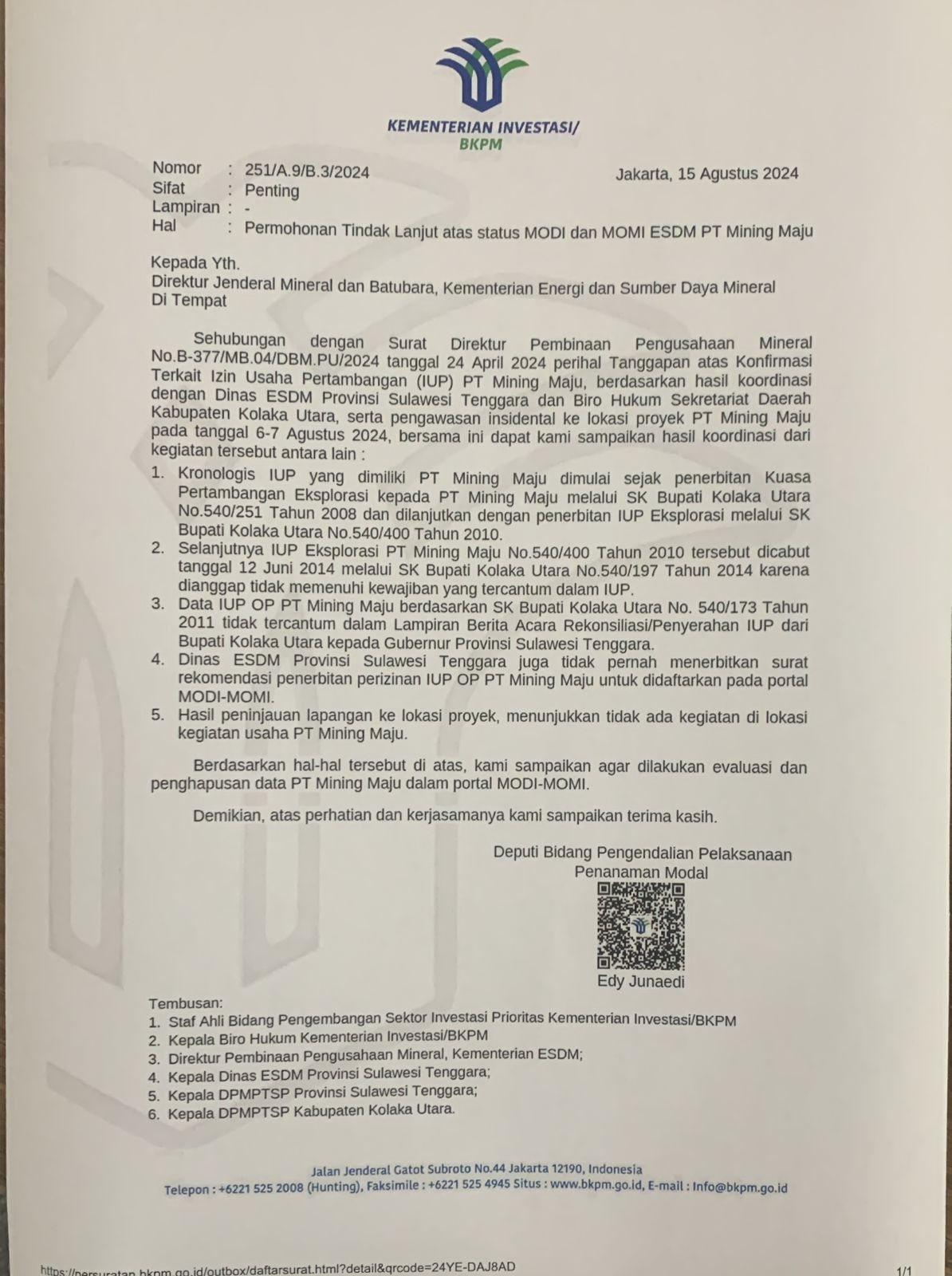 JAPEMKUM Apresiasi Langkah BKPM Untuk Menghapus Data PT Mining Maju di MODI-MOMI