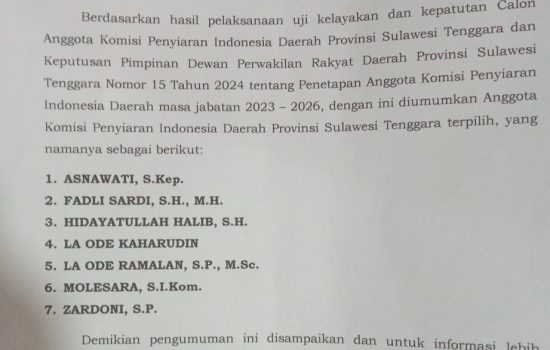 DPRD Umumkan 7 Komisioner KPID Sultra Periode 2023-2026