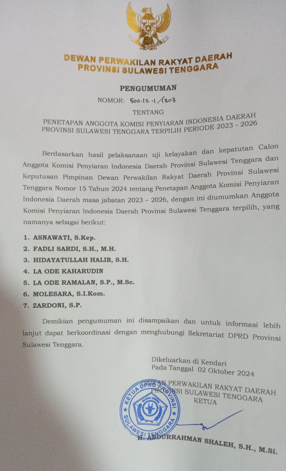 DPRD Umumkan 7 Komisioner KPID Sultra Periode 2023-2026