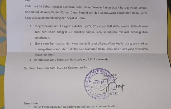 PGRI Tolak Anak Oknum Polisi Sekolah di Seluruh SD Baito Konsel Gegara Gurunya di Penjara