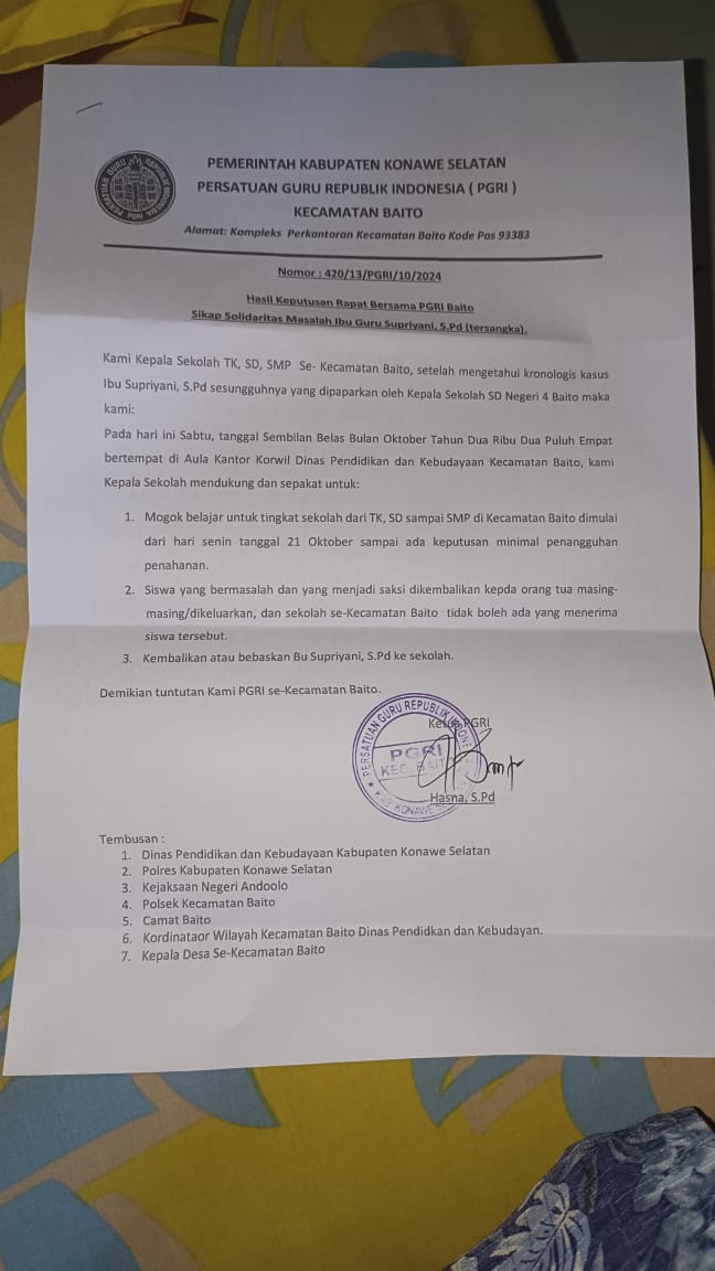 PGRI Tolak Anak Oknum Polisi Sekolah di Seluruh SD Baito Konsel Gegara Gurunya di Penjara