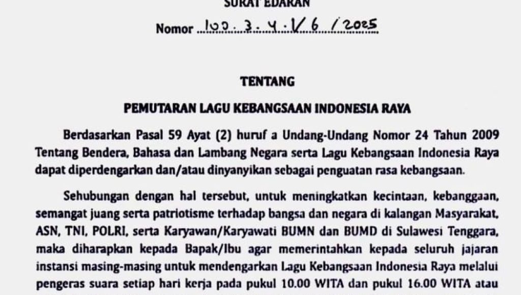 Gubernur Sultra Instruksikan Pemutaran Lagu Indonesia Raya di Ruang Publik