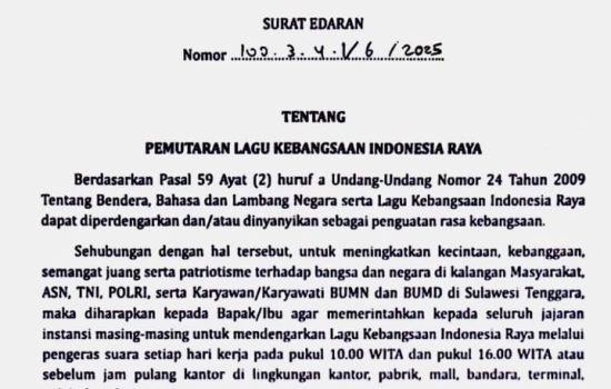 Gubernur Sultra Instruksikan Pemutaran Lagu Indonesia Raya di Ruang Publik
