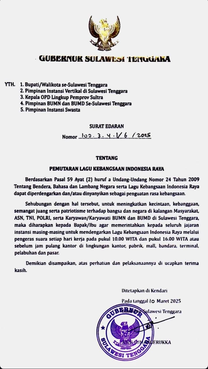 Gubernur Sultra Instruksikan Pemutaran Lagu Indonesia Raya di Ruang Publik