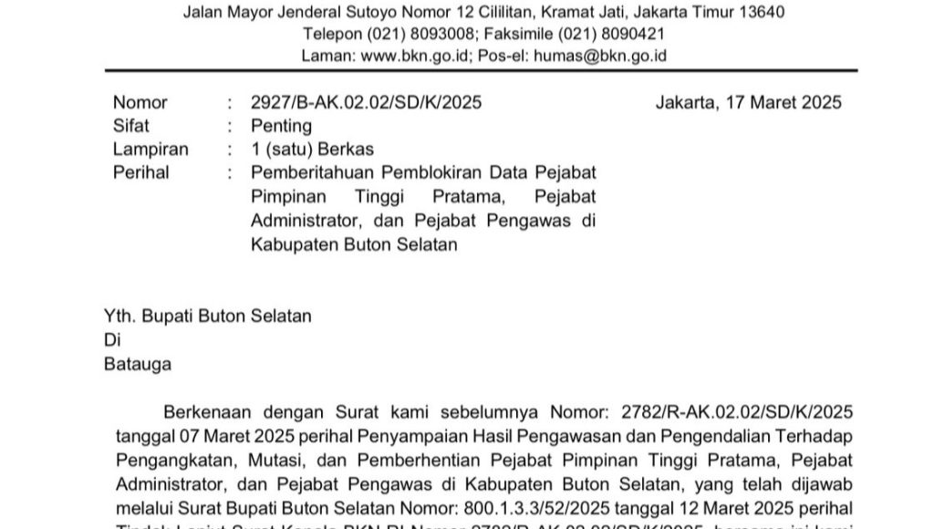 BKN Blokir Data Kepegawaian Pejabat Buton Selatan, Mutasi Jabatan Tanpa Pertimbangan Teknis