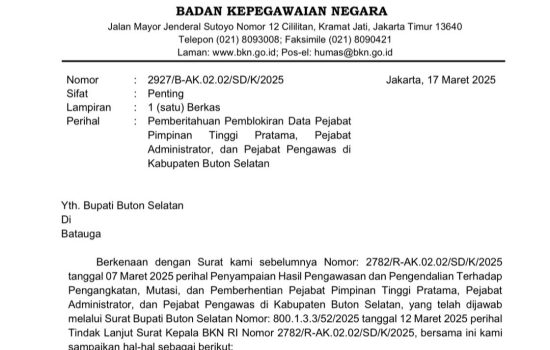 BKN Blokir Data Kepegawaian Pejabat Buton Selatan, Mutasi Jabatan Tanpa Pertimbangan Teknis