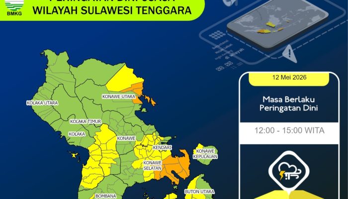 Prakiraan Cuaca Sultra 13 Mei 2026, Delapan Wilayah Berpotensi Hujan Sejak Pagi Hari