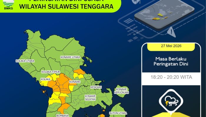 Prakiraan Cuaca Sultra 28 Mei 2026, Waspada Hujan Lebat dan Angin Kencang