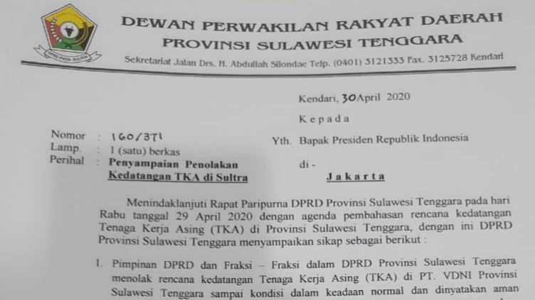 Surat Penolakan 500 TKA Cina untuk Jokowi