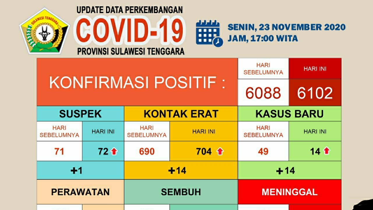 Update Covid-19 Sultra, Senin 23 November 2020