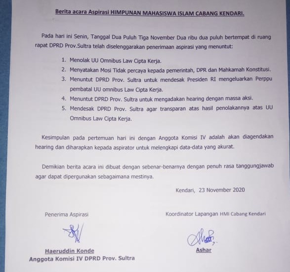 Berita Acara Aspirasi HMI cabang kendari