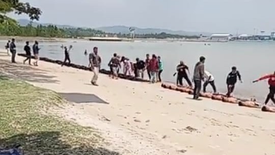 Terlihat secara bergerbolan, para ssnior memukul mahasiswa baru yang dijejerkan di atas pasir
