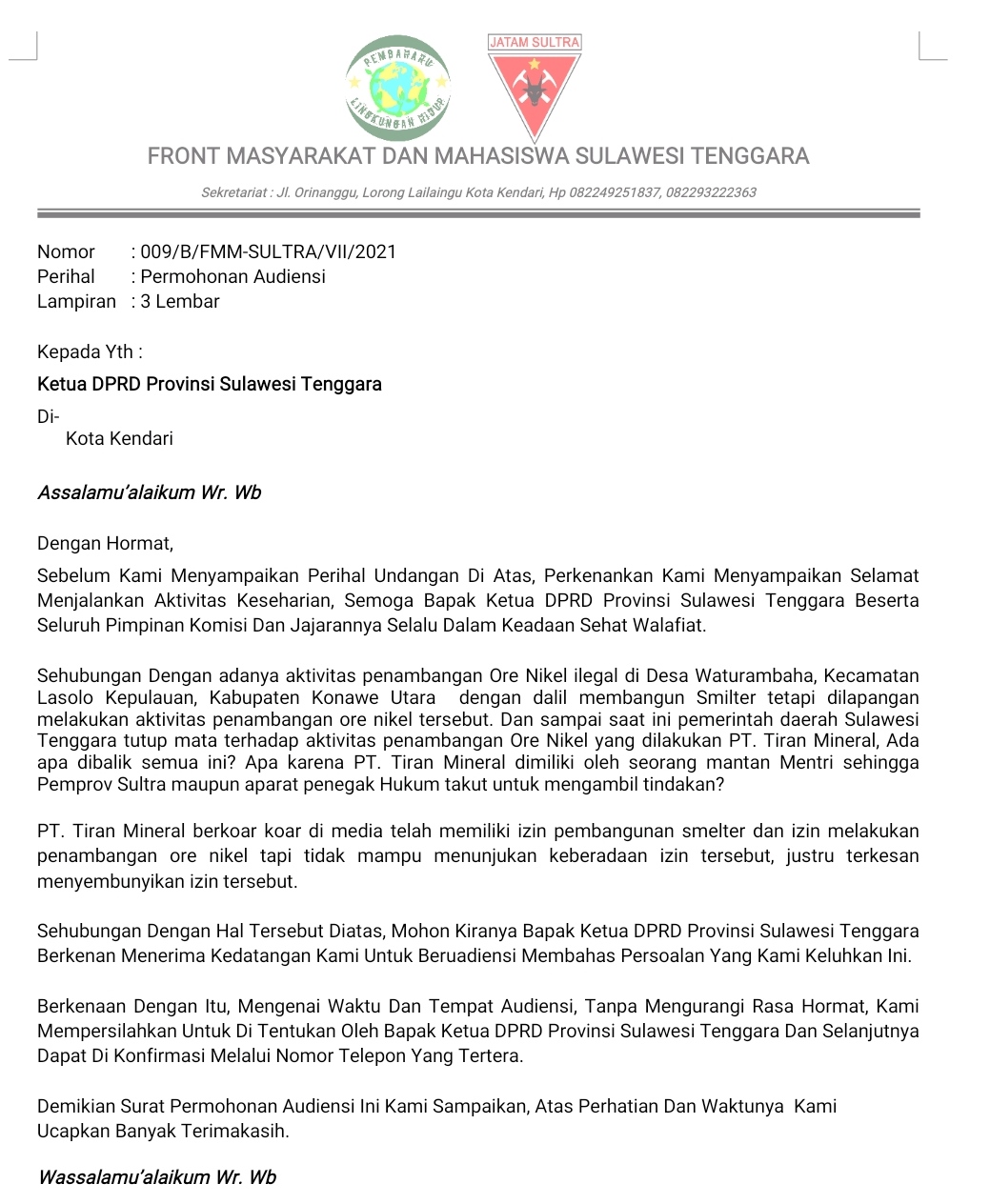 Dua Lembaga Adukan PT Tiran Mineral ke DPRD Sultra, Pemanggilan Menanti