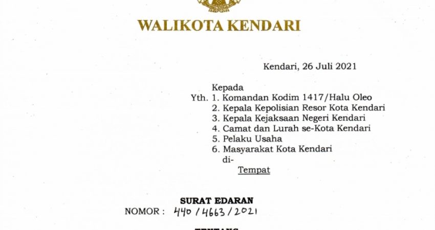 Walikota Kendari Terbitkan Surat Edaran PPKM Level 3