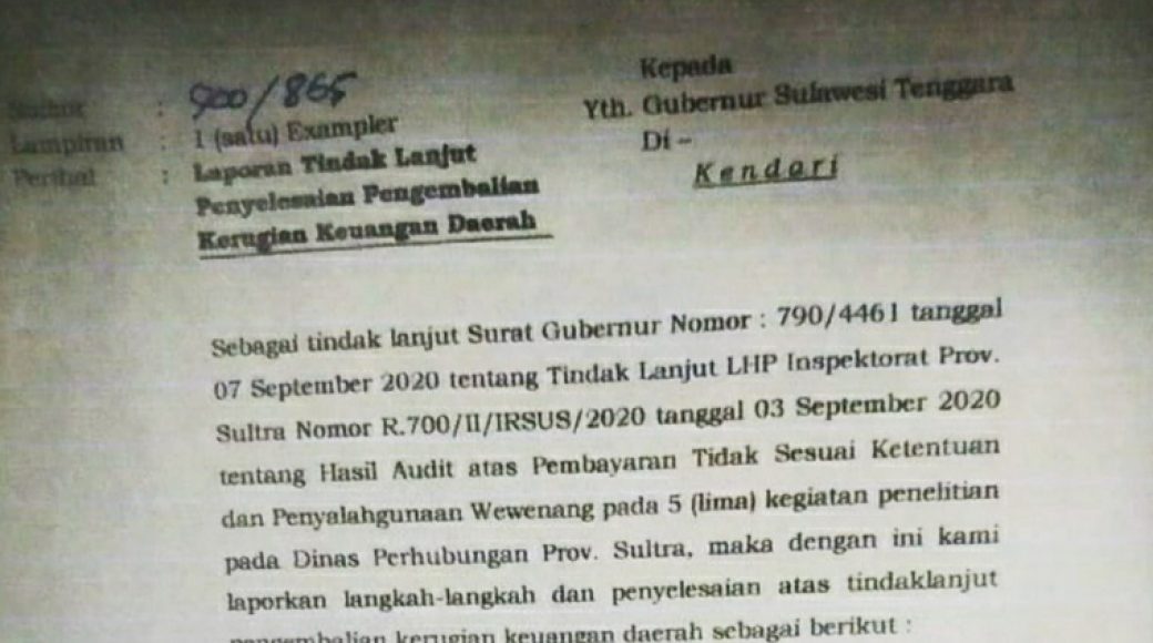 Ini Isi Surat Inspektorat ke Gubernur Sultra Perihal Pengembalian Keuangan Daerah