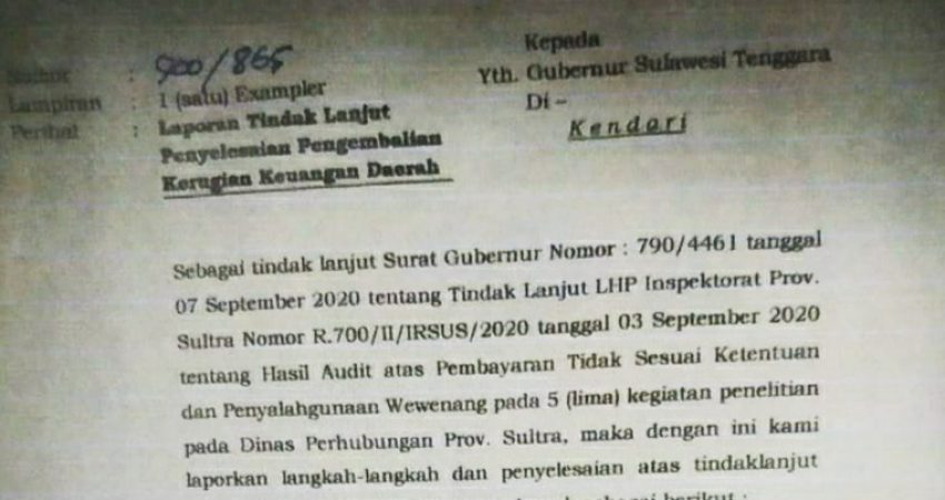 Ini Isi Surat Inspektorat ke Gubernur Sultra Perihal Pengembalian Keuangan Daerah