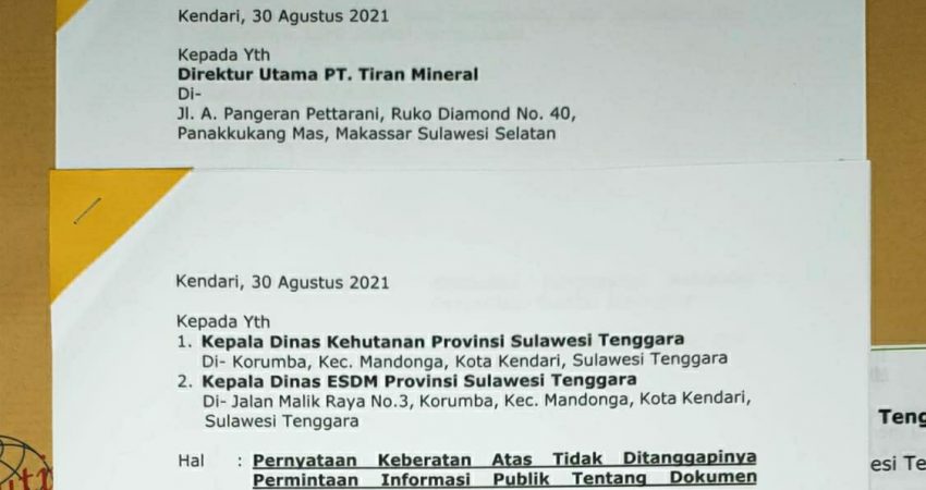 Dedi Ferianto Layangkan Surat KIP ke dua Kepada Dirut PT Tiran, Kadis ESDM dan Kehutanan Sultra
